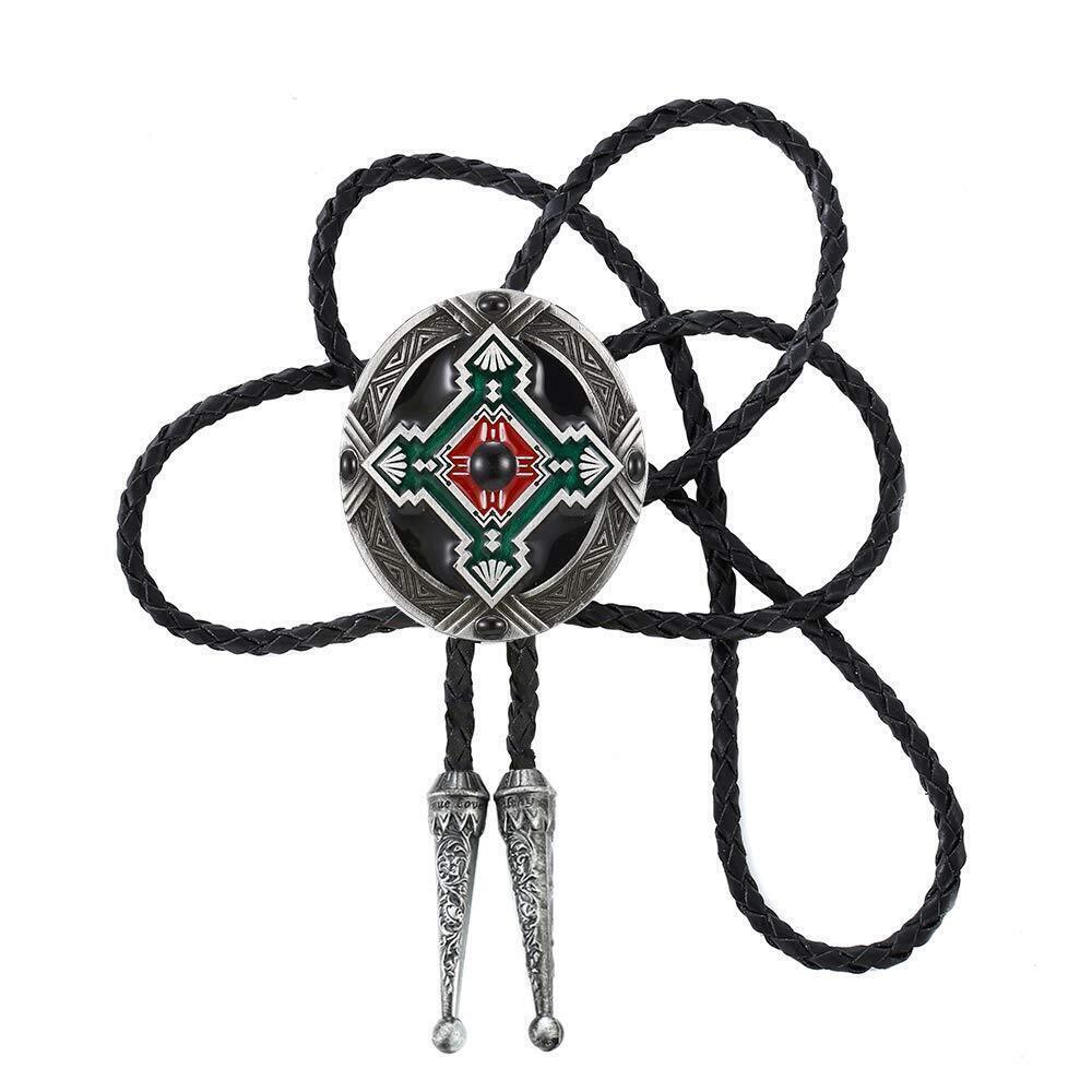 3087 Nature Agate Triangle Shape Western Cowboy Celtic Black Stone Bolo Tie